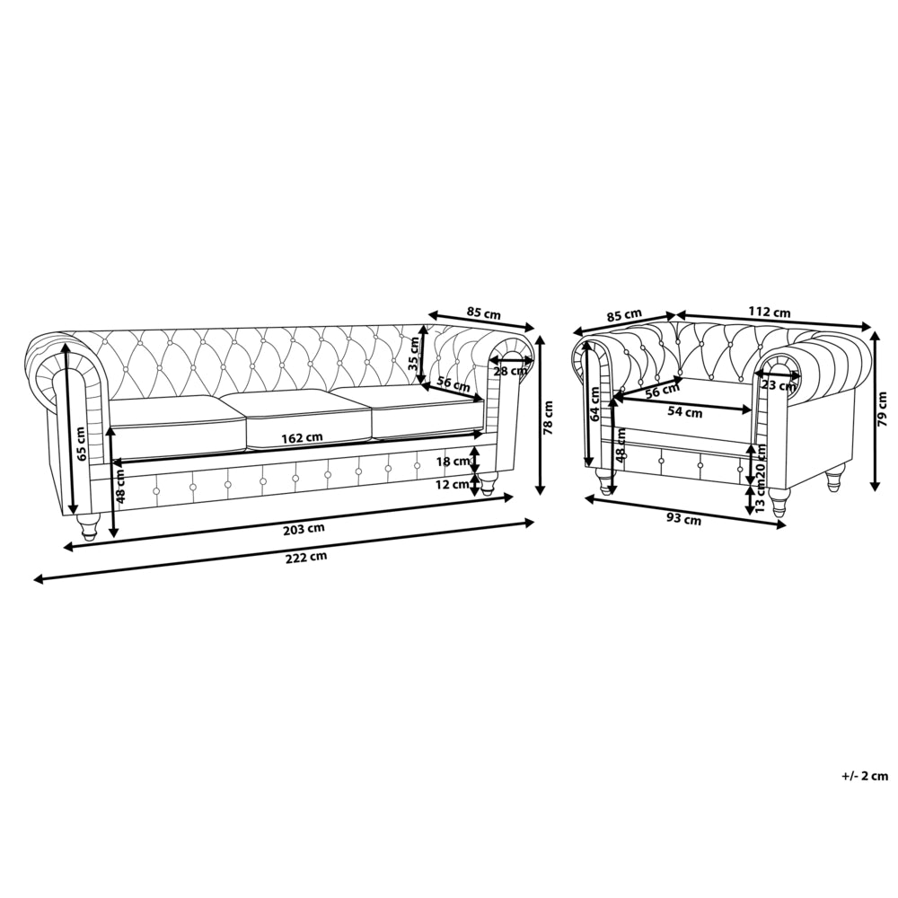 Set soggiorno Chesterfield in tessuto grigio chiaro gambe in legno scuro divano a 3 posti + poltrona contemporanea