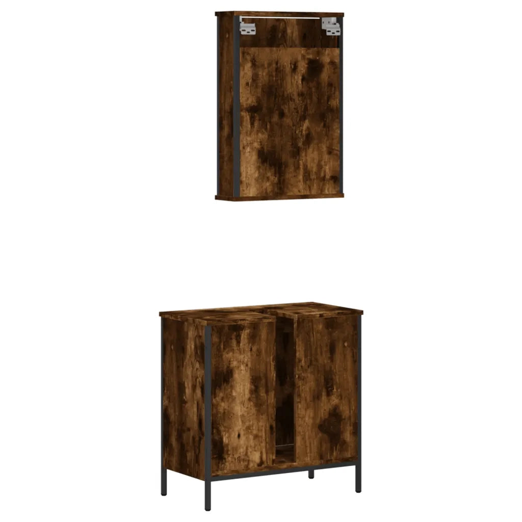 Set Mobili da Bagno | Armadio da bagno 2 pz Rovere Fumo in Legno Multistrato