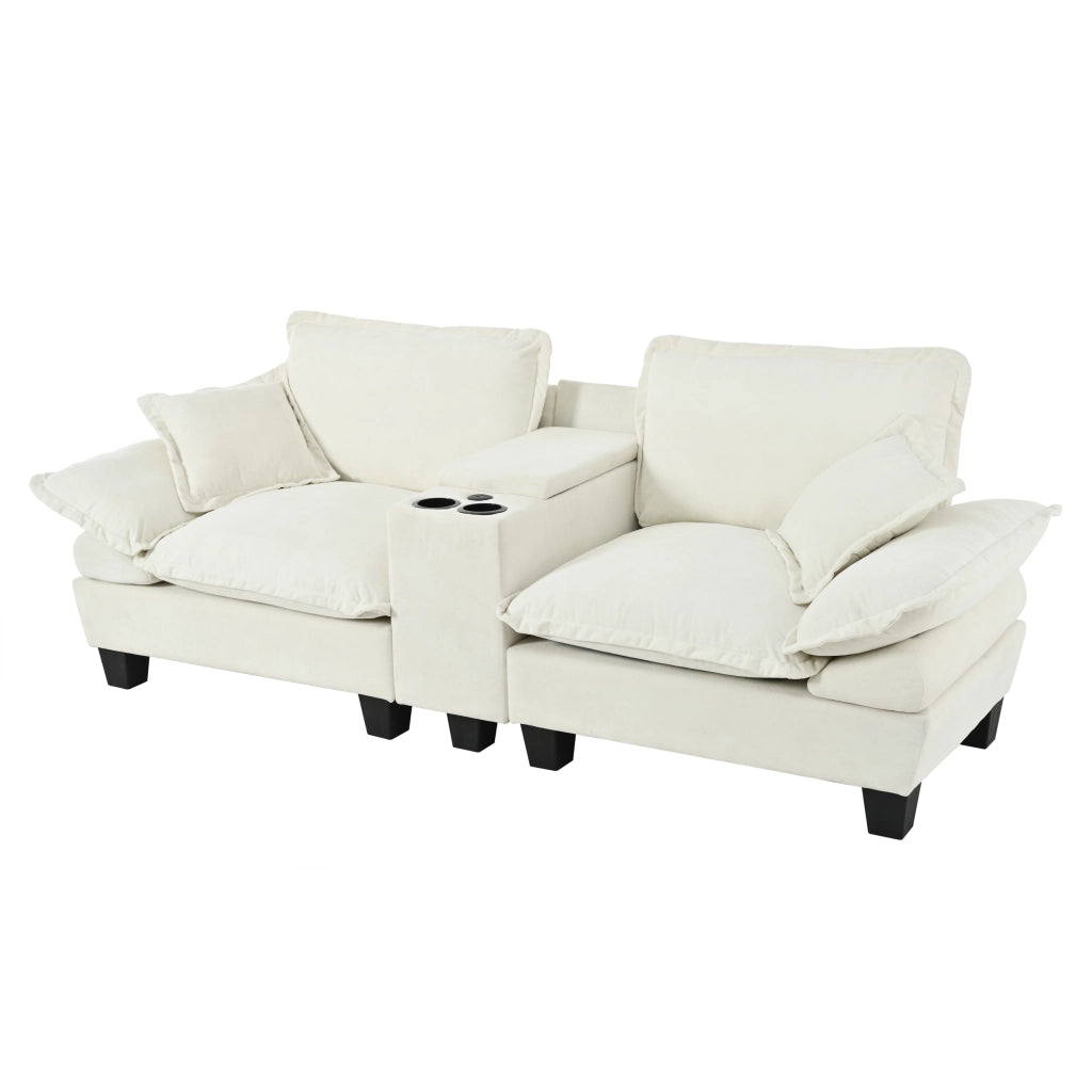 Divano modulare con pouf; contenitore; portabicchieri e USB - in chenille beige