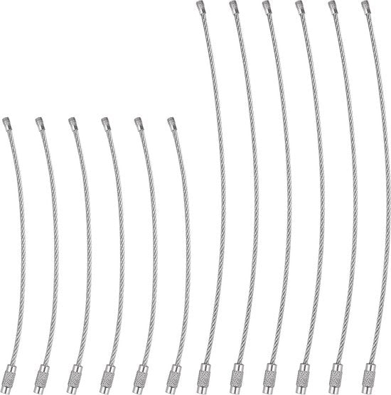 Sostegno per chiavi con filo di acciaio, 12 pezzi - Argento - Per etichette bagaglio, chiavi, badge - 11/16 cm anelli - Cavo di acciaio - Set di 12 - 11 cm 16 cm - Utile per tag ID