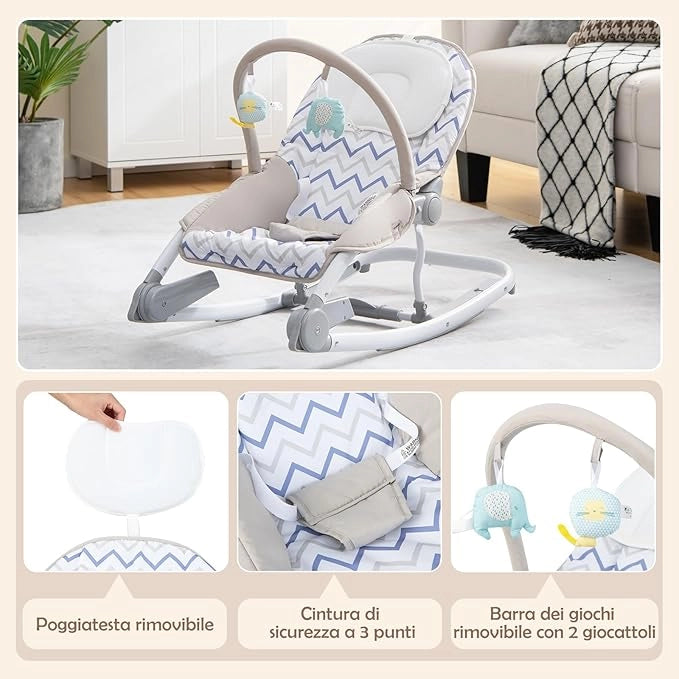 2-in-1 Sdraietta per Bambini, Sdraietta per Neonati Portatile con Schienale Regolabile a 3 Livelli, Sdraietta Pieghevole con Giocattoli, con Cintura di Sicurezza, per Bambini 0-6 Mesi (Grigio)