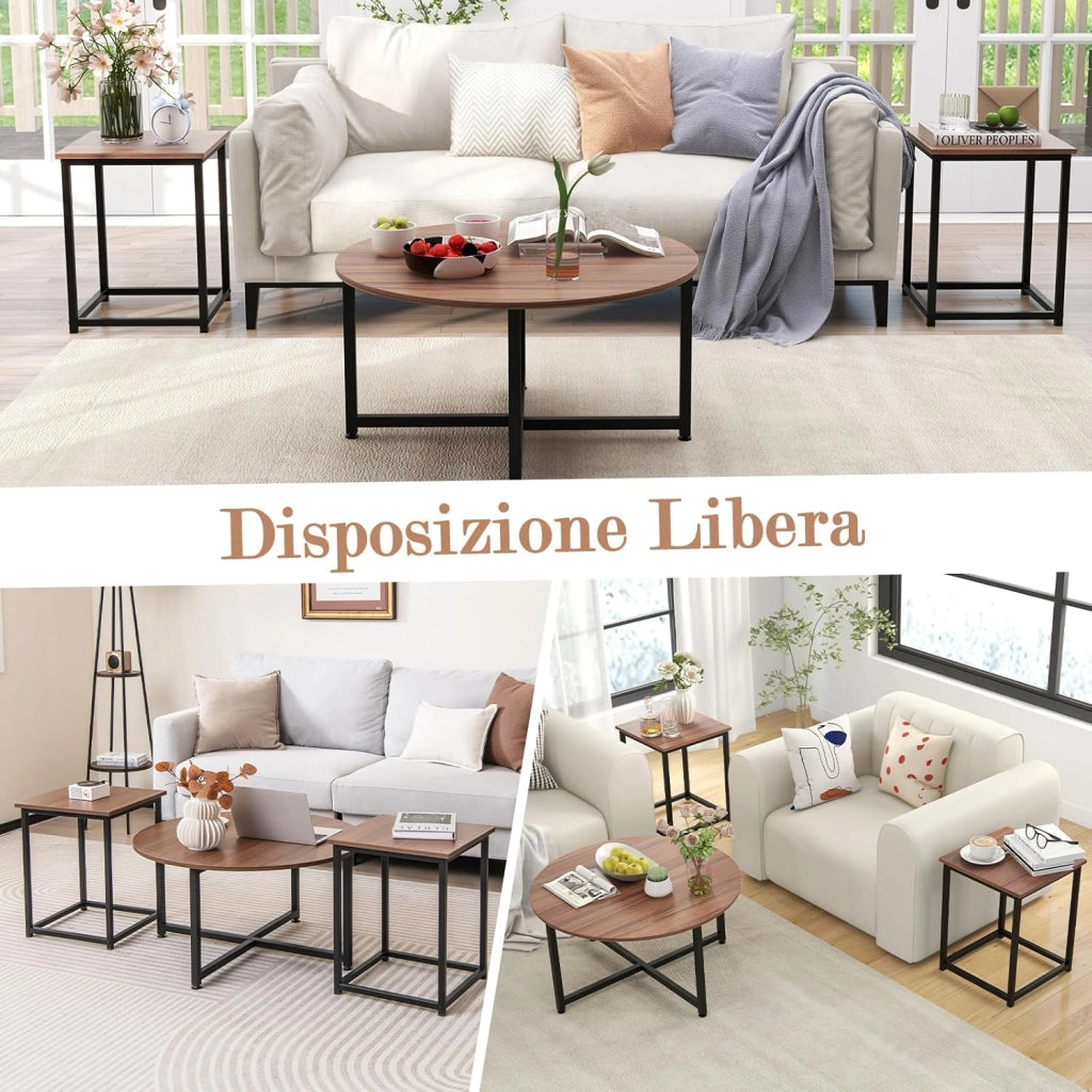 Set di Tavolini da Caffè 3 Pezzi, Tavolino Rotondo e 2 Tavolini Quadrati con Struttura Metallica Robusta, Set di Tavoli da Salotto Moderni 3 Pezzi (Noce)