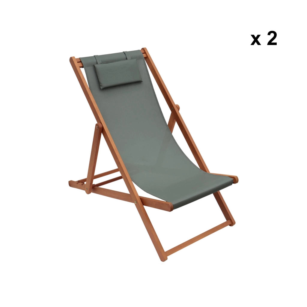 Set 2 lettini prendisole in legno con cuscino poggiatesta, verde kaki
