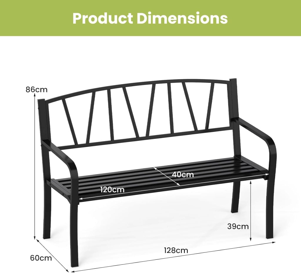 Panca esterna da giardino, seduta a doghe per 2-3 persone, capacità 300 kg, schienale semplice, braccioli curvi, panca da giardino in metallo robusto per terrazza, parco (128 x 60 x 86 cm)