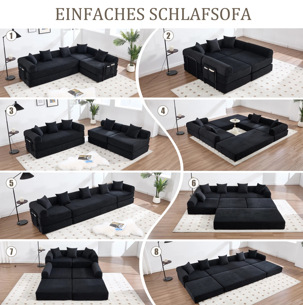 Divano modulare con tasca laterale e funzione letto 270x180x64 cm in velluto a coste nero