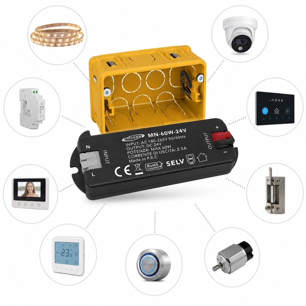 Trasformatore Alimentatore Slim 24V 60W per Scatola 503 Strisce LED Domotica Telecamere Automazioni DC