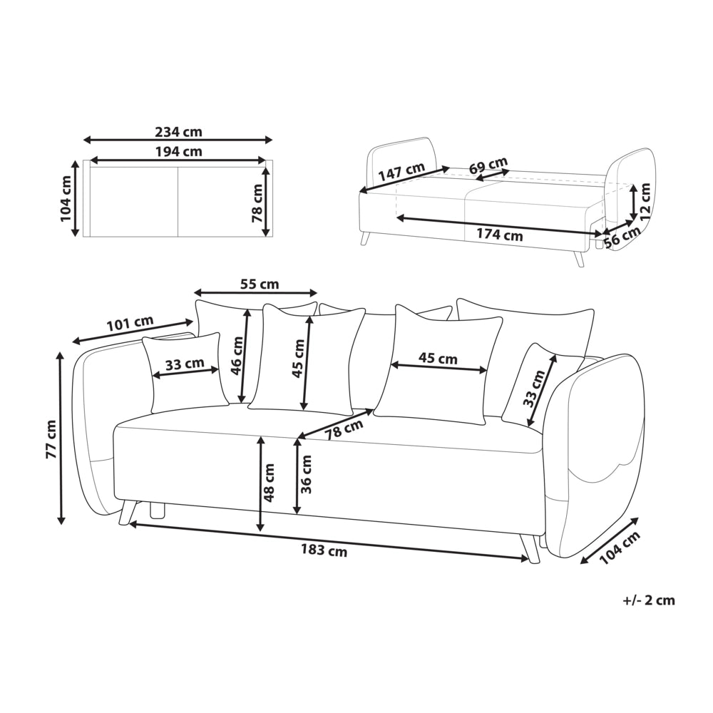 Divano letto 2 posti Beige Chiaro Poliestere Velluto Tessuto Contenitore Cuscini aggiuntivi Sfoderabili Soggiorno Camera da Letto