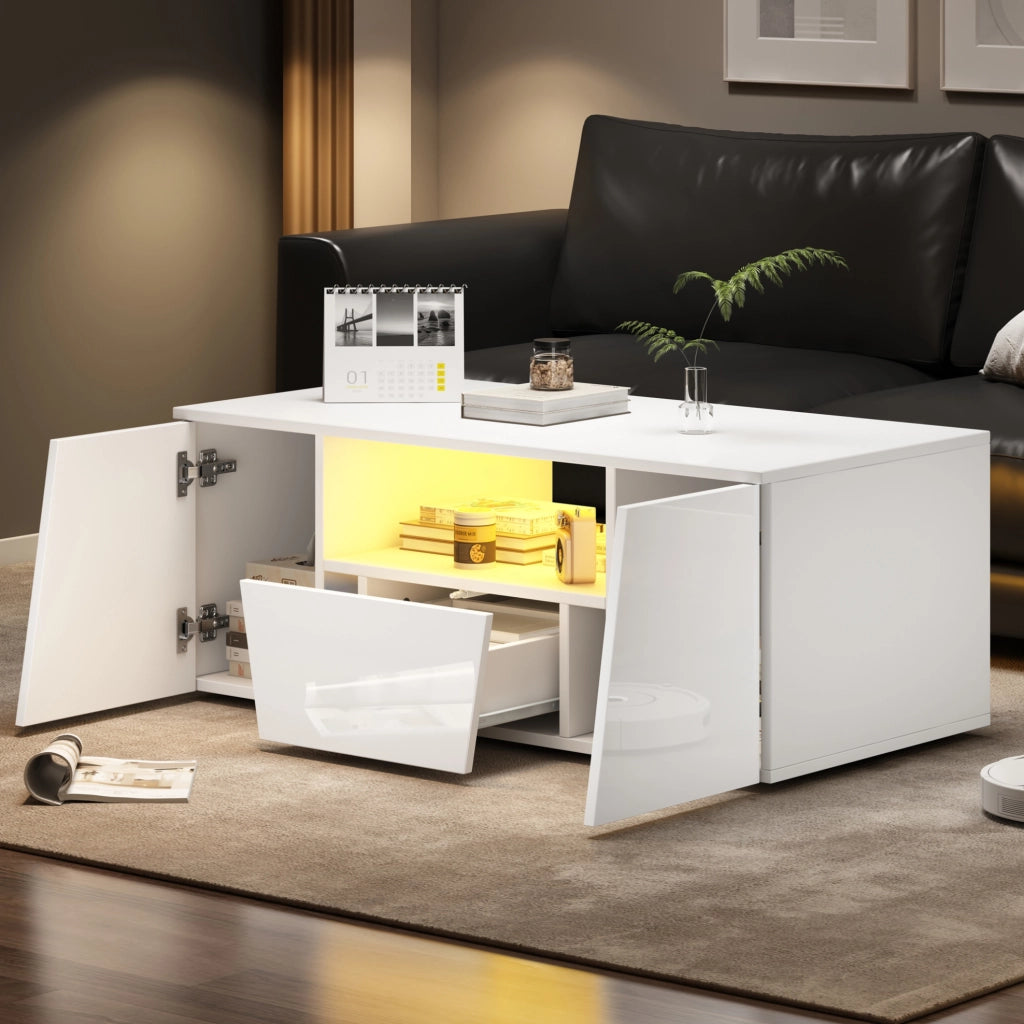 Tavolino da caffè bianco LED 100×50×40 cm con 2 ante e cassetto