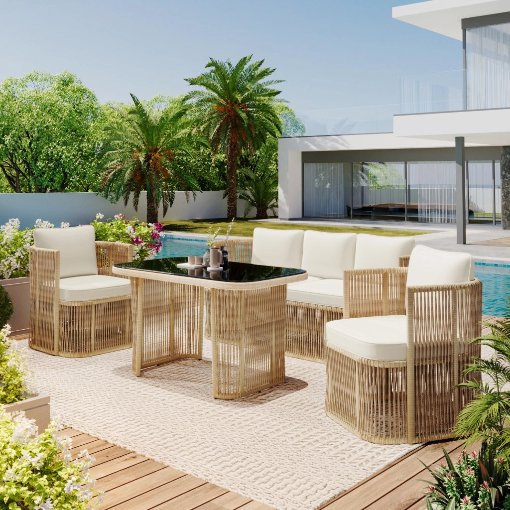 Set da Giardino 4 Pezzi in Polyrattan ¨C Xylo ¨C Divano 3 Posti, 2 Poltrone, Tavolino in Vetro, Cuscini