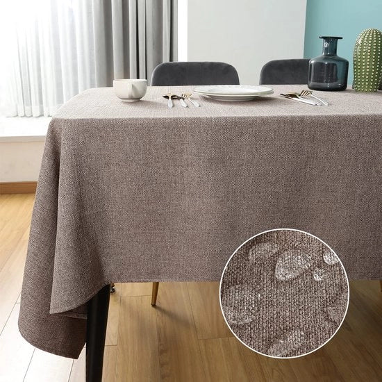 Tavolo da Cucina con Copertura in Lino Luccicante e Impermeabile, Modello Quadrato, 140 x 240 cm, Materiale Lino, Colorazione Caffè Chiaro.
