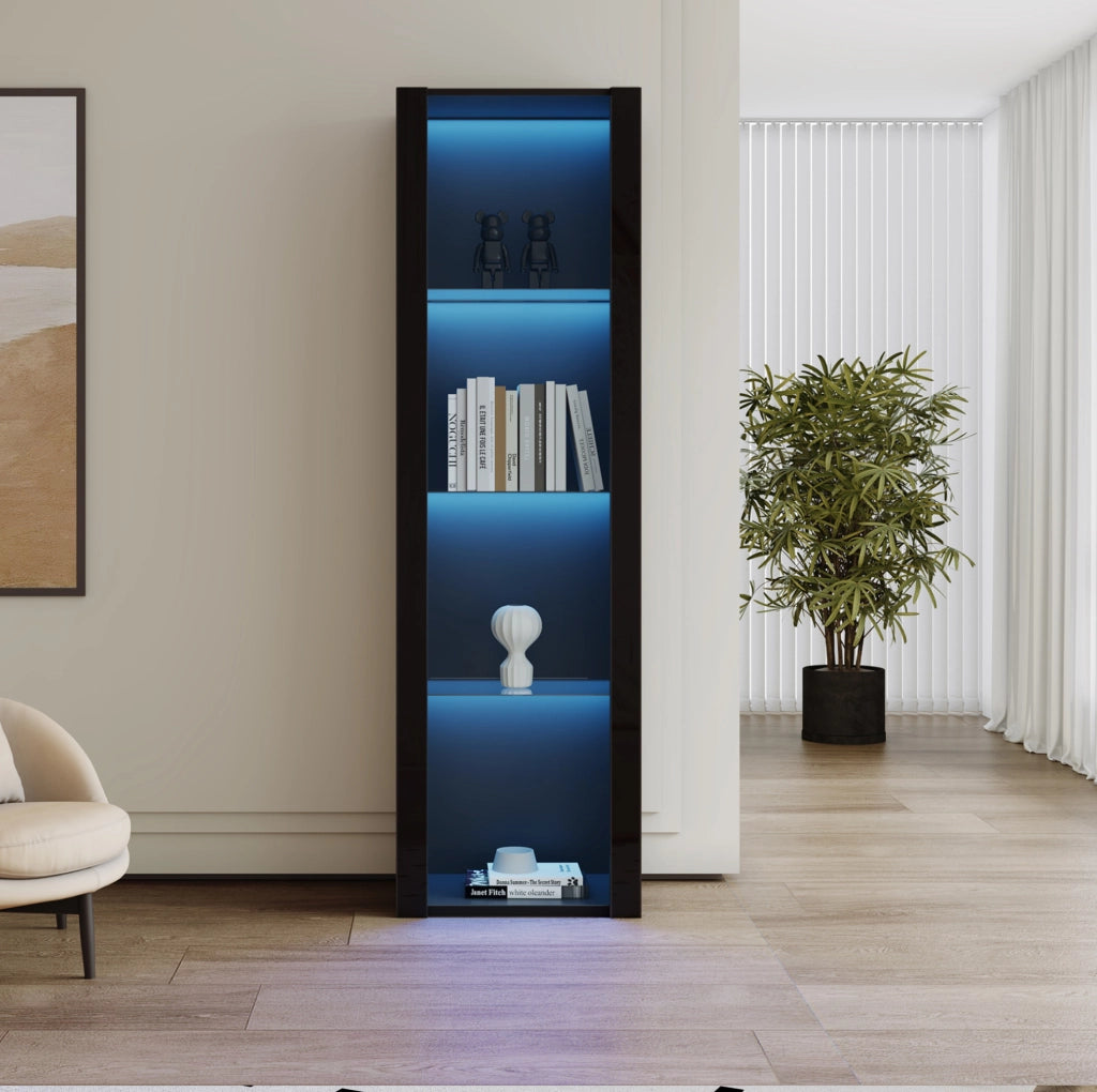 Vetrina nera lucida con LED, 3 ripiani in vetro, 55x38x166 cm