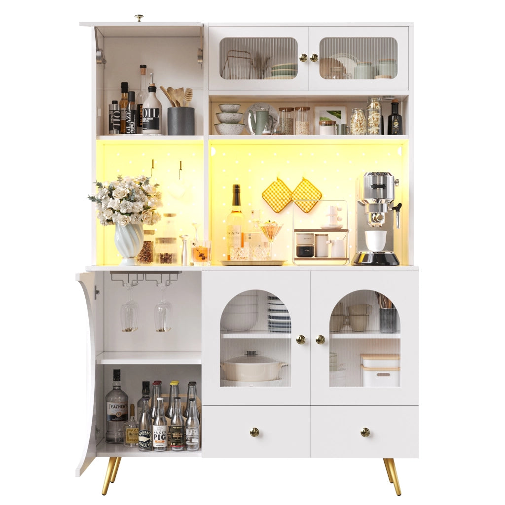 OKWISH Credenza alta da cucina, 2 ante, 1 cassetto e vani aperti, LED e prese integrate, MDF, 120 x 40 x 176 cm