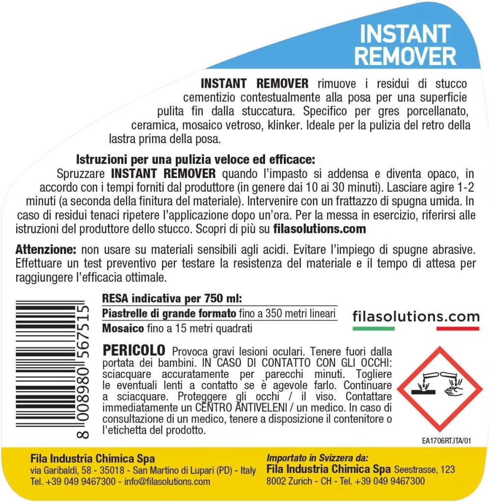 Fila Instant Remover Ml.750 Pulitore Istantaneo Per Stucco Cementizio Fresco