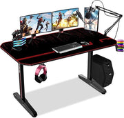 Scrivania da gaming 55 pollici, stazione di lavoro T, scrivania per computer da casa, scrivania da gaming professionale con tastiera completa, contenitore per bicchieri e supporto per cuffie