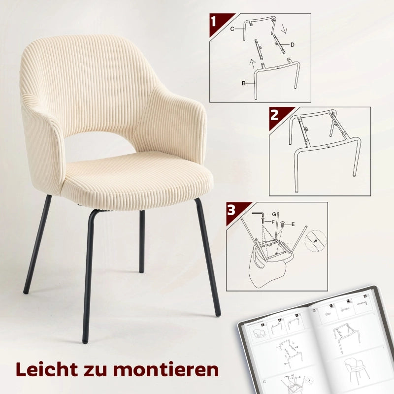 SEDIA da pranzo in corduroy beige, design a vasca, gambe in acciaio