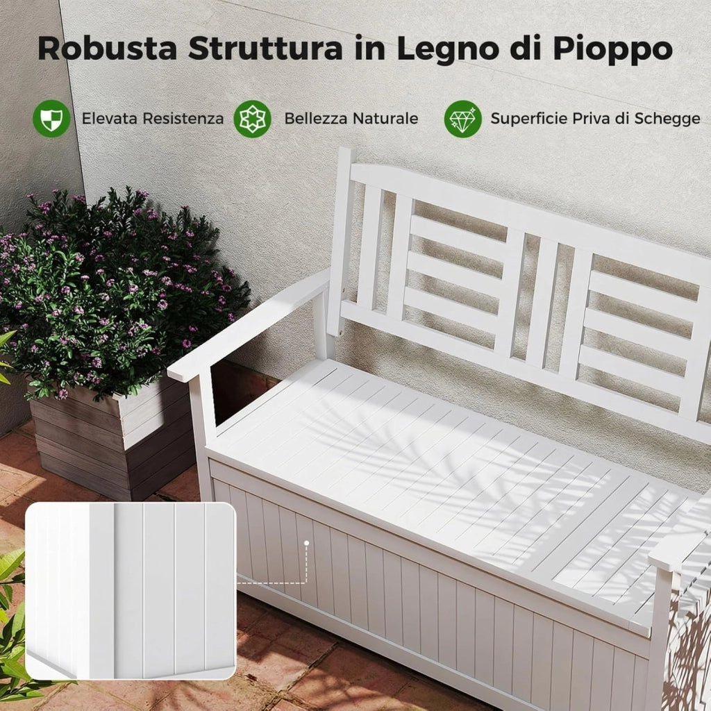 Panchina da Giardino con Contenitore di Legno, Cassapanca da Esterno 2 Posti con Schienale e Braccioli, Panca per Cortile e Ingresso, 123 x 68,5 x 96 cm (Bianco)