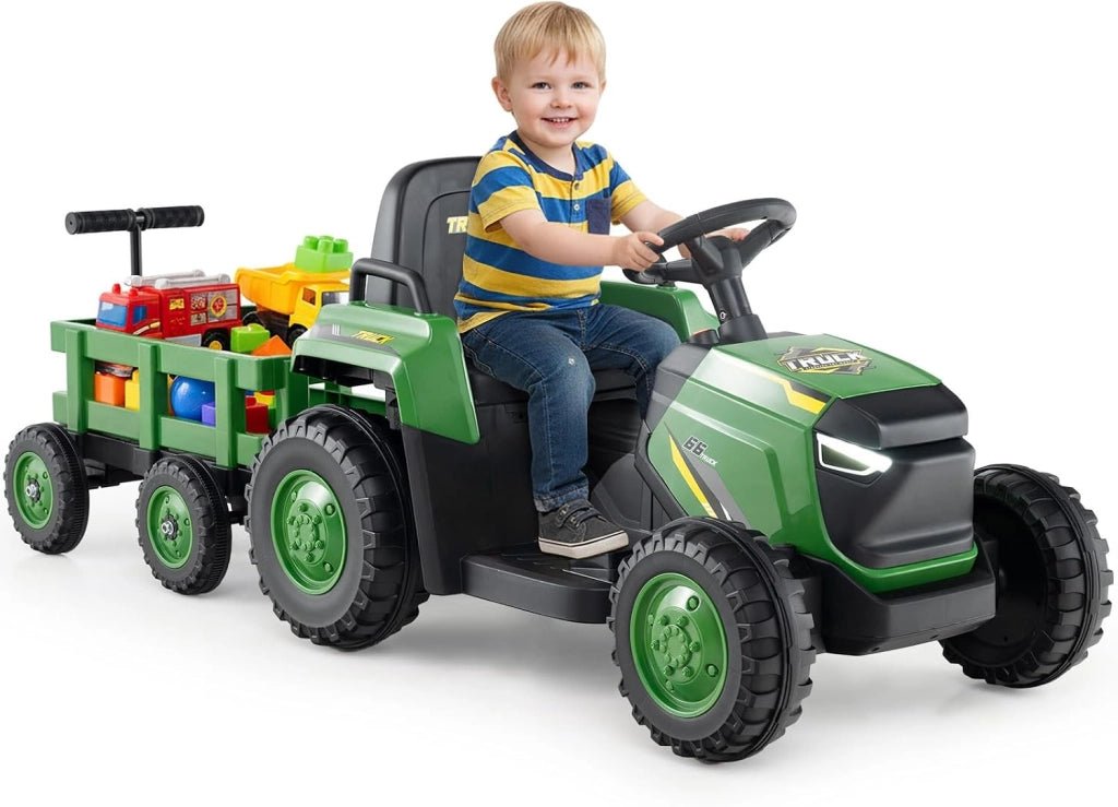 12V Trattore Elettrico per Bambini, Trattore a Pedali con Rimorchio Staccabile Controllo Remoto Fari LED Clacson e Musica, Macchina Elettrica per Bambini 37-95 Mesi (Verde)