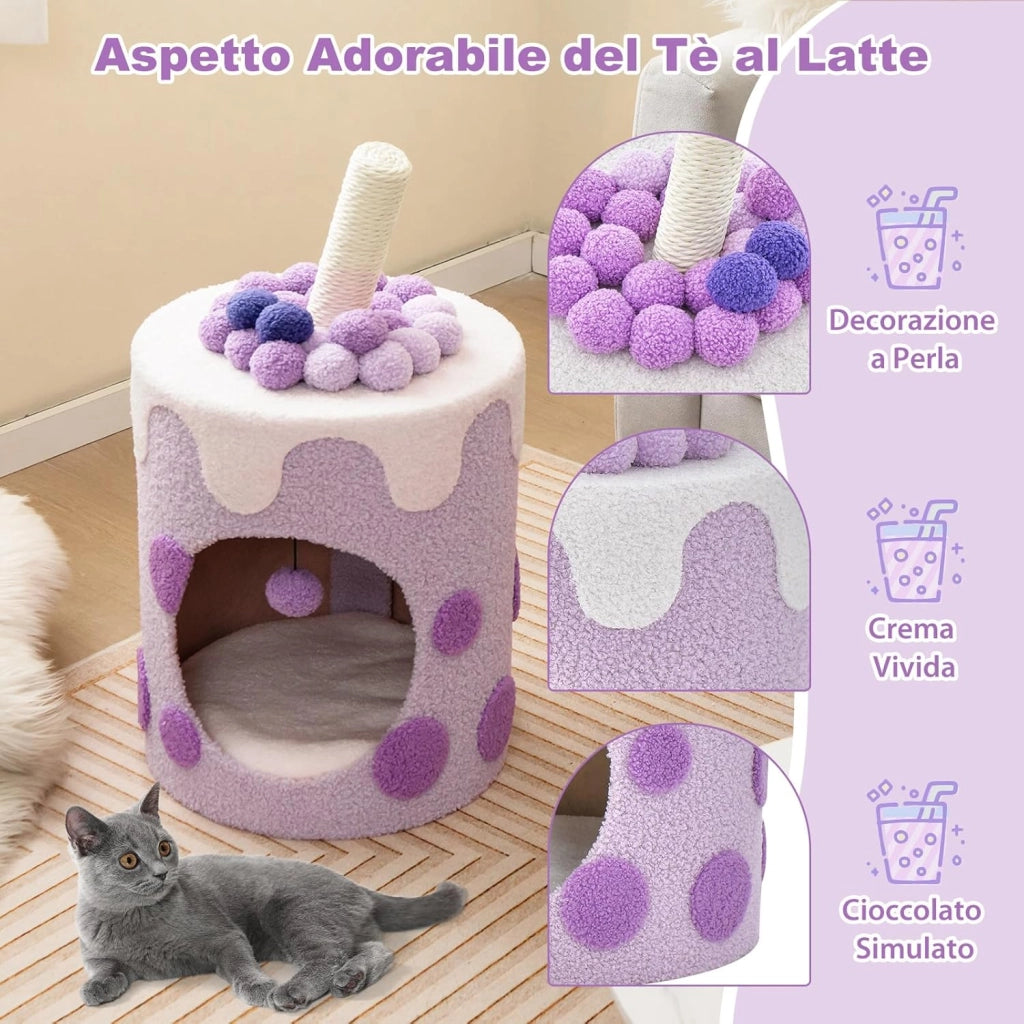 Cuccia per Gatti a Forma di Bubble Tea, Casetta per Gatti con Tiragraffi in Sisal e Palline Appese, Albero per Gattini da Interno, 37 cm x 37 cm x 67 cm (Viola e Bianco)