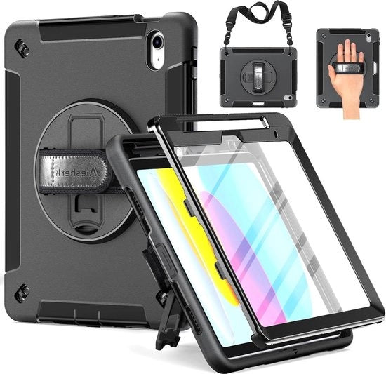 Portatile Militare Stomaca Stuura Resistente per iPad 10.9" - Supporto per Stesura per iPad 10.Gen 2022 Manico Rotativo Manubrio a Spalla Nero