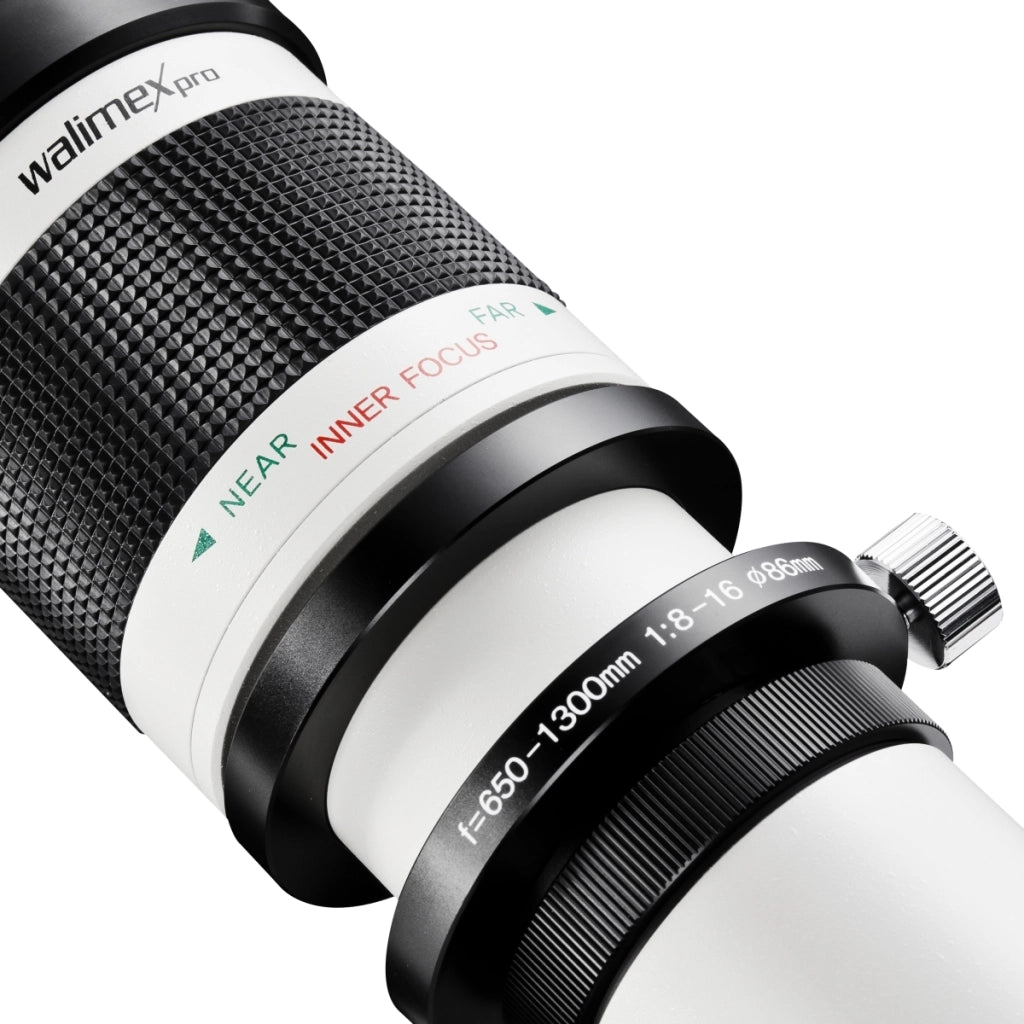 Teleobiettivo 650-1300mm 1:8-16 CSC compatibile con Nikon F – Zoom tele, focus manuale, per full-frame e APS-C – con coperchio e borsa di trasporto