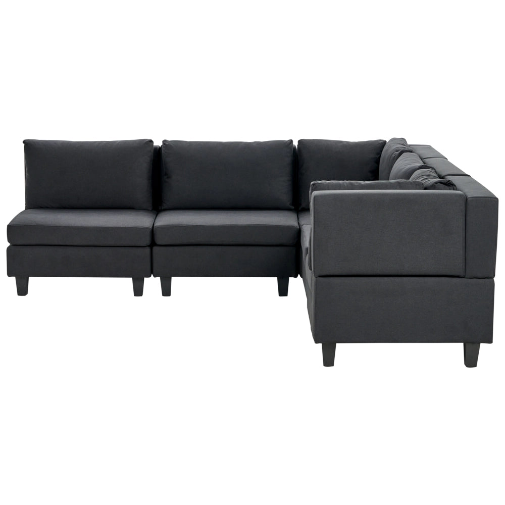 Divano componibile a 5 posti imbottito in tessuto nero gambe nere lato sinistro stile moderno