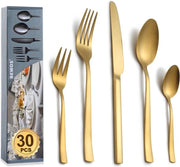 Set da tavola per 6 persone, set da 30 pezzi in acciaio inossidabile, set da tavola a doratura oro con coltelli, forchette e cucchiai, lucido e lavastoviglie.