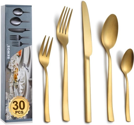 Set da tavola per 6 persone, set da 30 pezzi in acciaio inossidabile, set da tavola a doratura oro con coltelli, forchette e cucchiai, lucido e lavastoviglie.