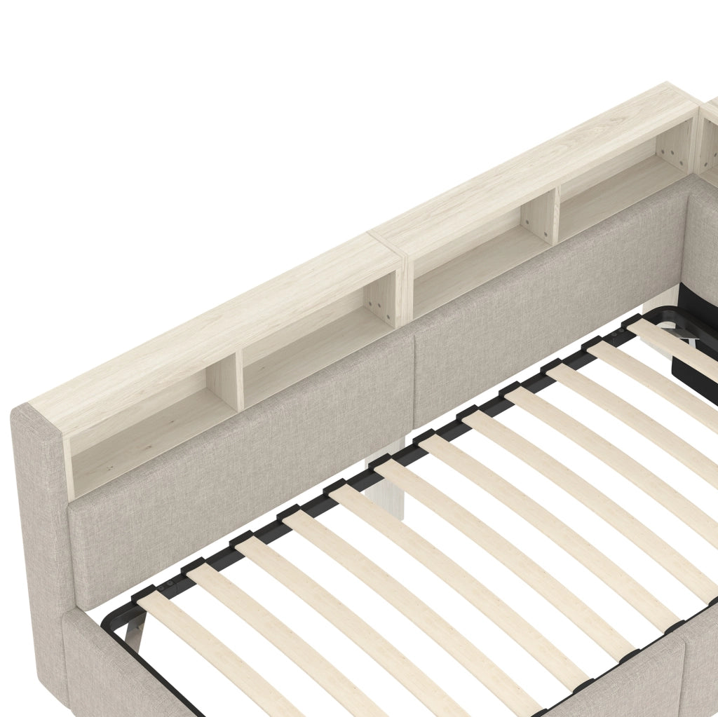 Letto singolo 90 x 200 cm con vano idraulico; LED RGB; USB e Type-C; lino; beige