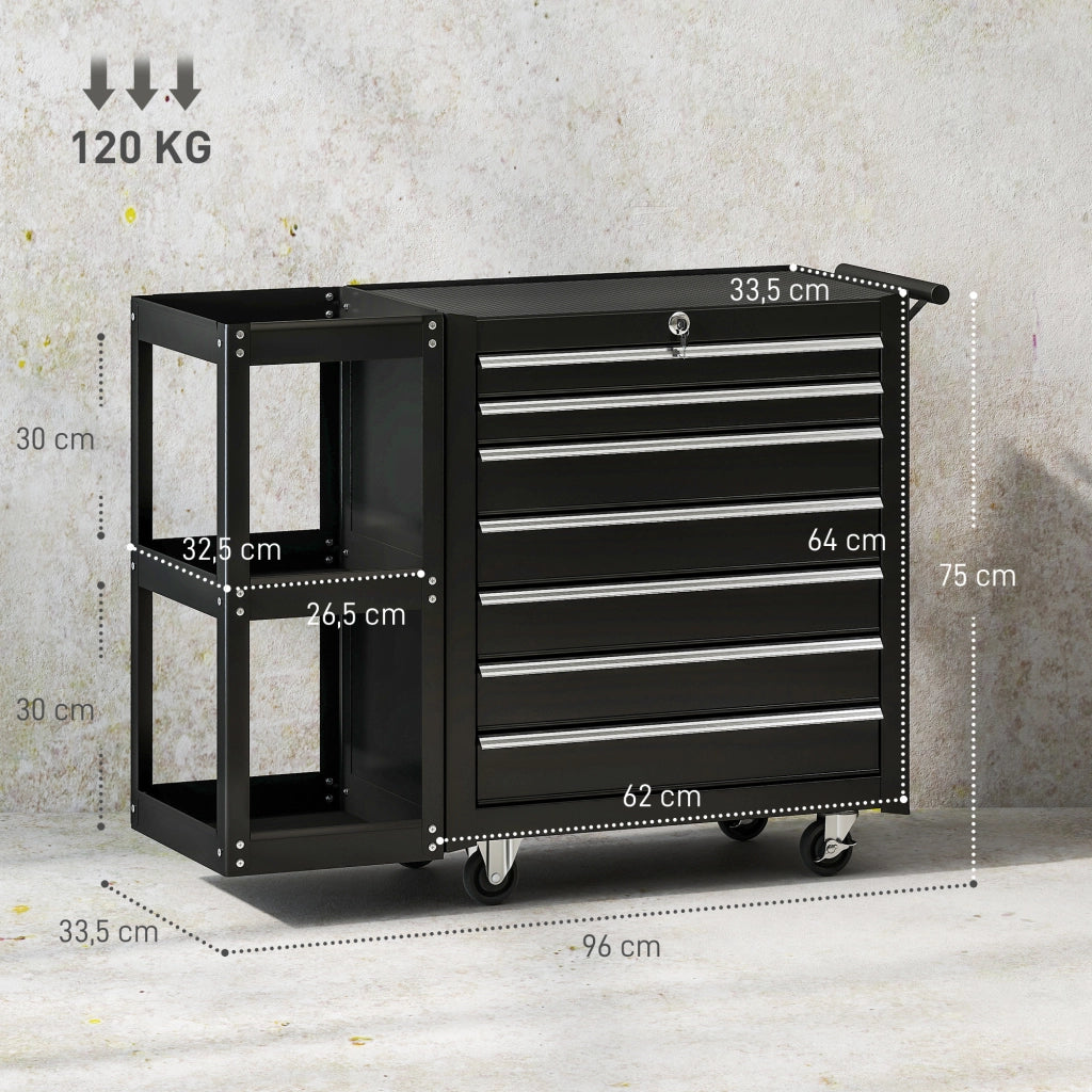 Carrello Portautensili 96x33,5x75 cm con 7 Cassetti Mensola Laterale Staccabile Ruote Capacità 120kg in Acciaio Nero