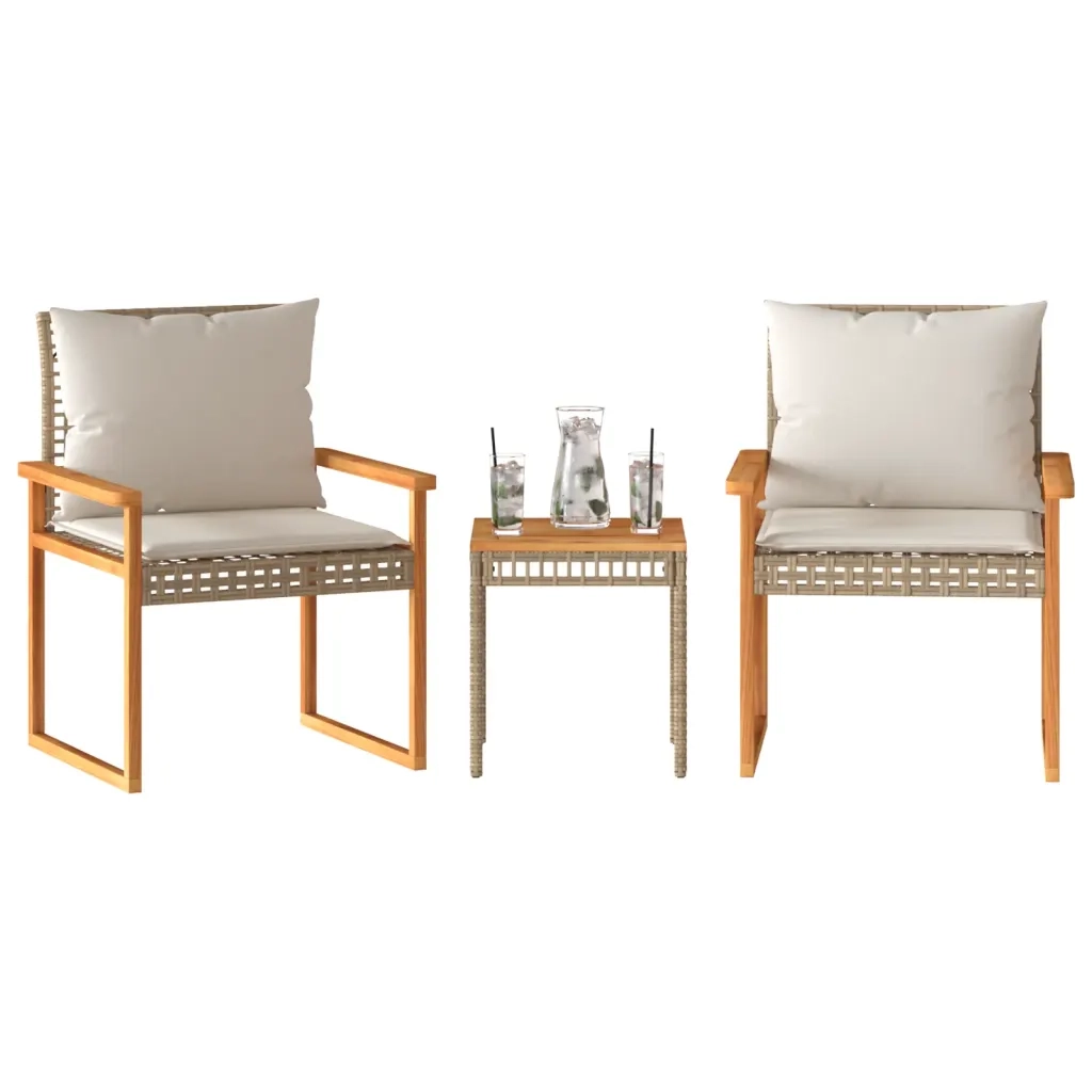 Set da BistrÃ² 3 pz con Cuscini Beige Misto Polyrattan e Acacia