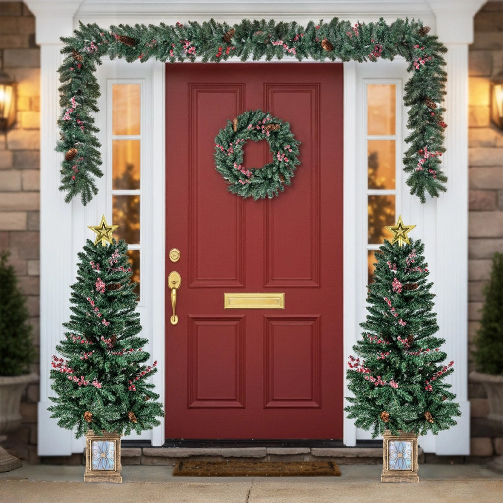 Set di 2 alberi di natale artificiali realistici in vaso con ghirlanda, Decorazione natalizie per camino ingresso festa Verde