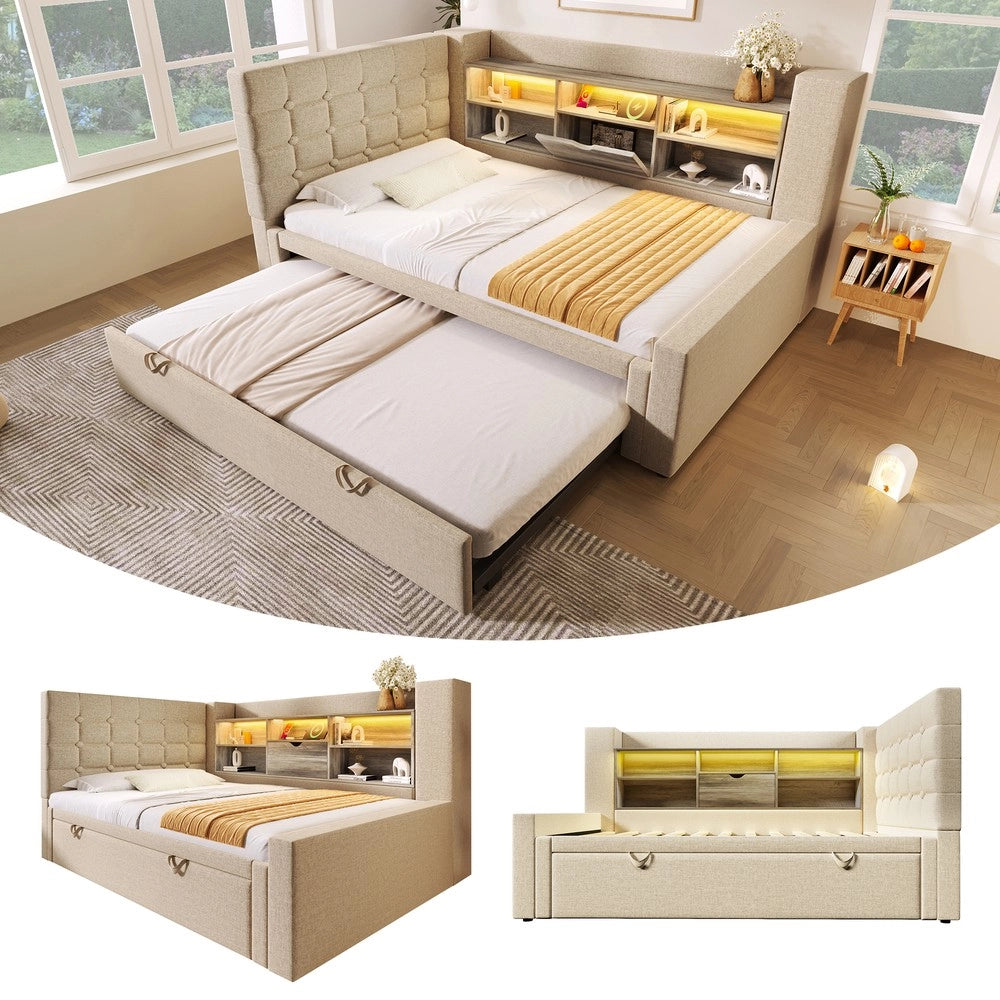 Letto Imbottito Singolo con Letto Estraibile, LED e Testiera Contenitore ¨C MINIMAL ¨C Lino Beige 90x200