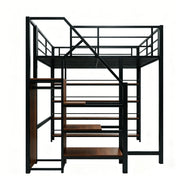 Letto a soppalco 140×200 cm con scala contenitore; armadio e ripiani; barriera alta; senza materasso; metallo; nero