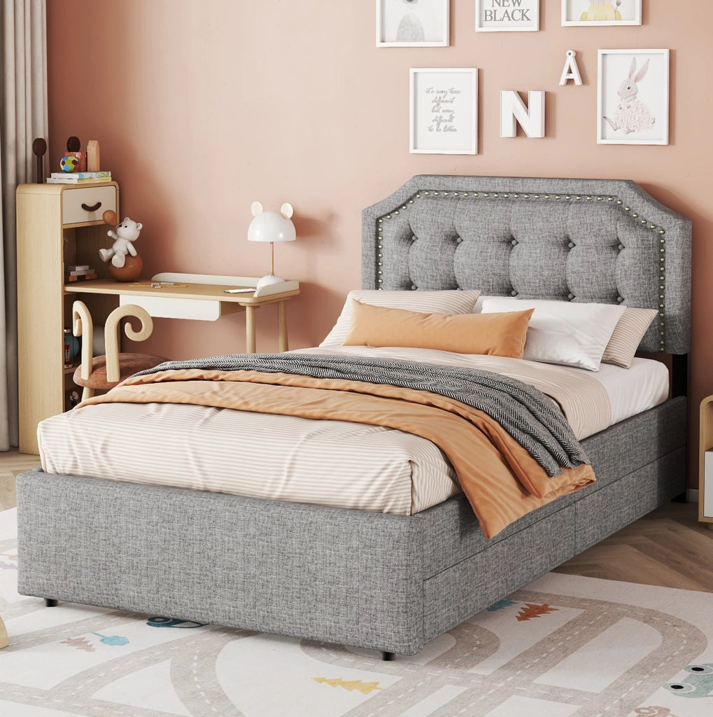 Letto imbottito 90x200 cm in tessuto grigio con testiera regolabile e 2 cassetti