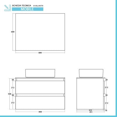 Mobile bagno sospeso 80 cm ossido e rovere con top lavabo e specchio Kleo