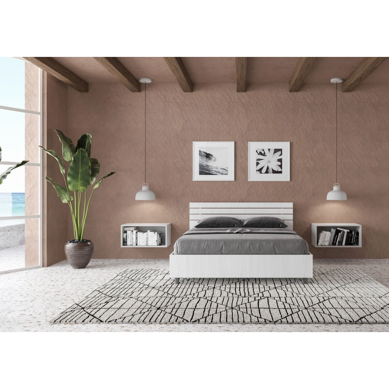 Letto Matrimoniale francese 140x190 cm testata inclinata con doghe Ankel - Con rete,Bianco Frassino