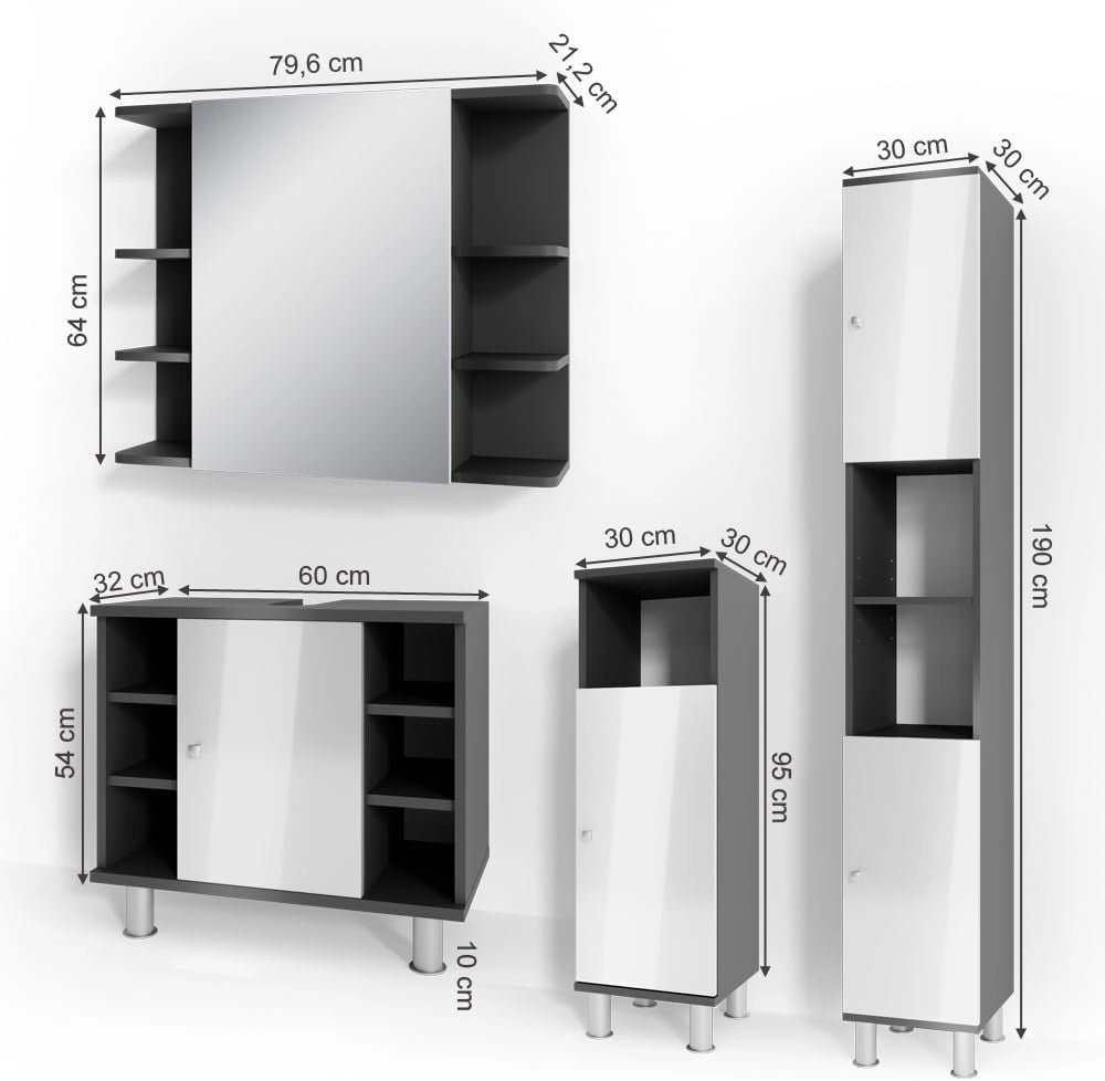 Set mobili bagno Fynn, Antracite, 60 cm, composto da mobile lavabo, pensile a specchio, colonna e base media