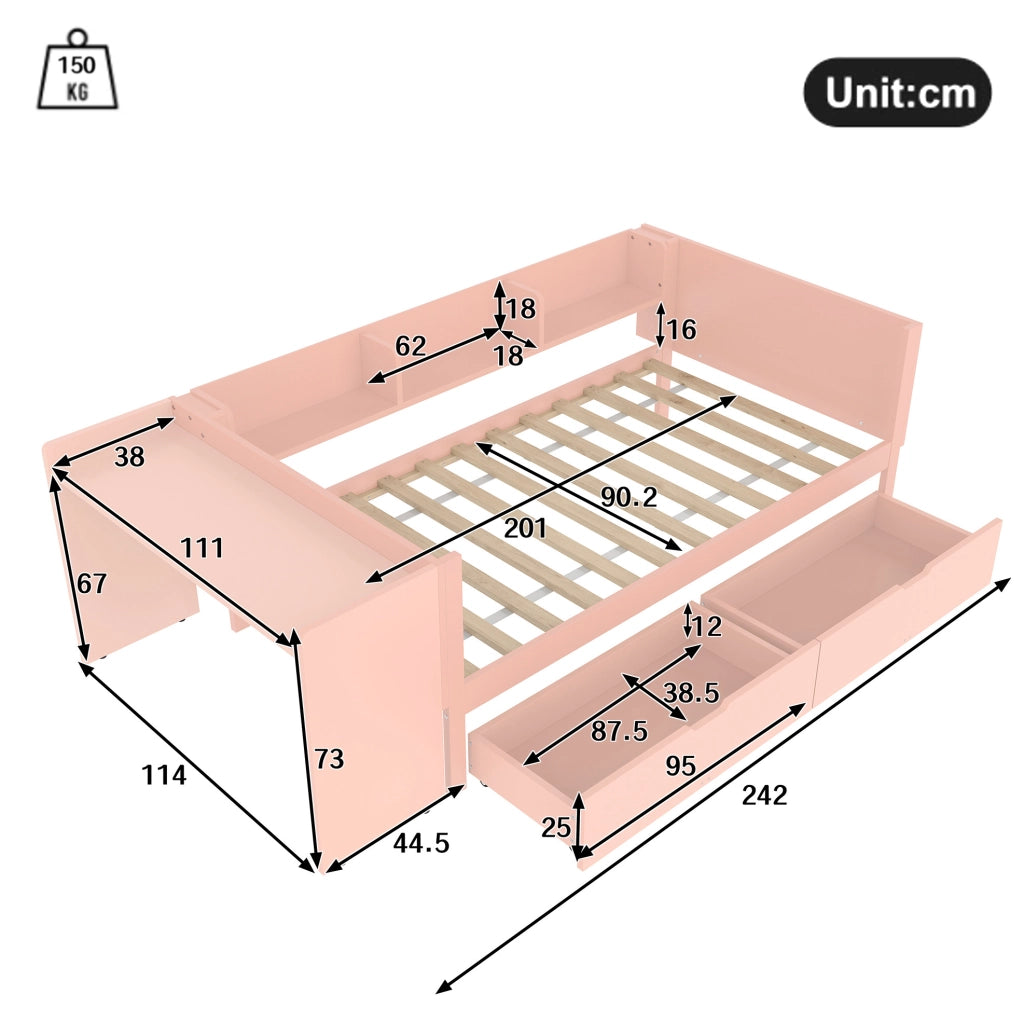 Letto singolo 90x200 cm con scrivania, 2 cassetti e ripiani, rosa