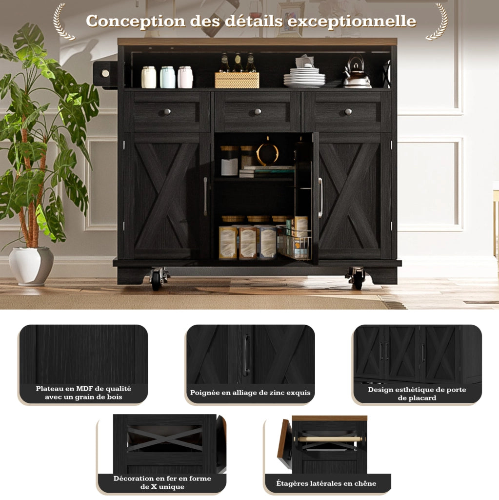 Isola cucina mobile nera con piano pieghevole e ruote