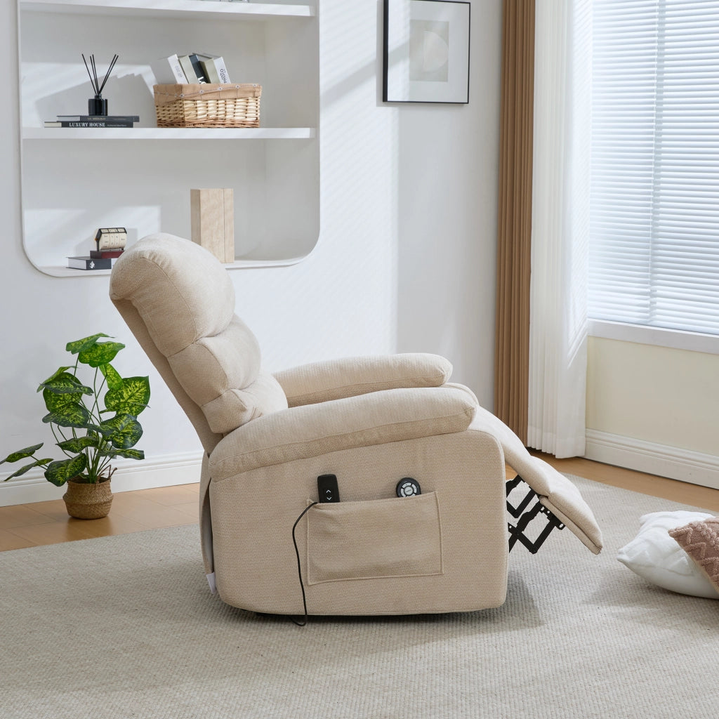 Poltrona Relax Elettrica Massaggiante con Alzapersona ¨C MINIMAL ¨C Reclinabile, Poggiapiedi, Tessuto Kaki Chiaro