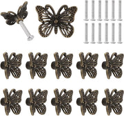 Set di 12 maniglie di cassetto vintage a forma di farfalla - Lame di apertura antiche in bronzo - Maniglie di cassetto a forma di farfalla - Per armadi e cassetti