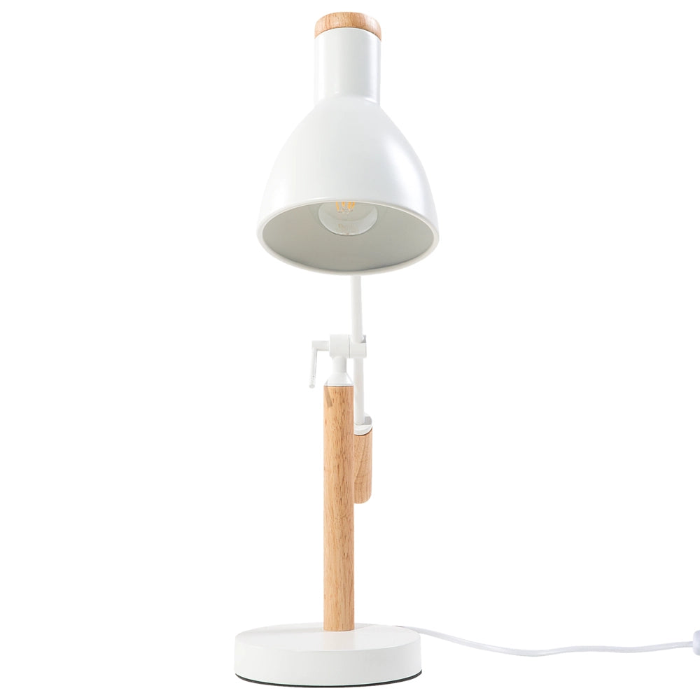 Lampada da Tavolo in Metallo Bianco 50H cm Legno Chiaro Braccio della Gru Paralume Orientabile Moderno