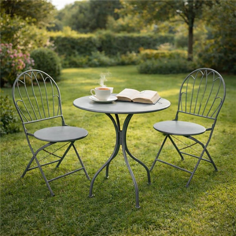 SET DA GIARDINO CON 2 SEDIE E 1 TAVOLO IN METALLO COLORE GRIGIO