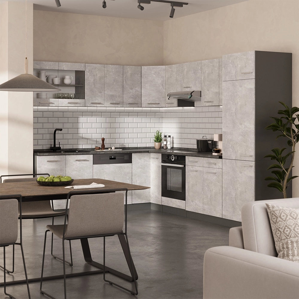 Cucina angolare completa R-Line Calcestruzzo/Antracite 287 x 227 cm, PL Rovere Vicco