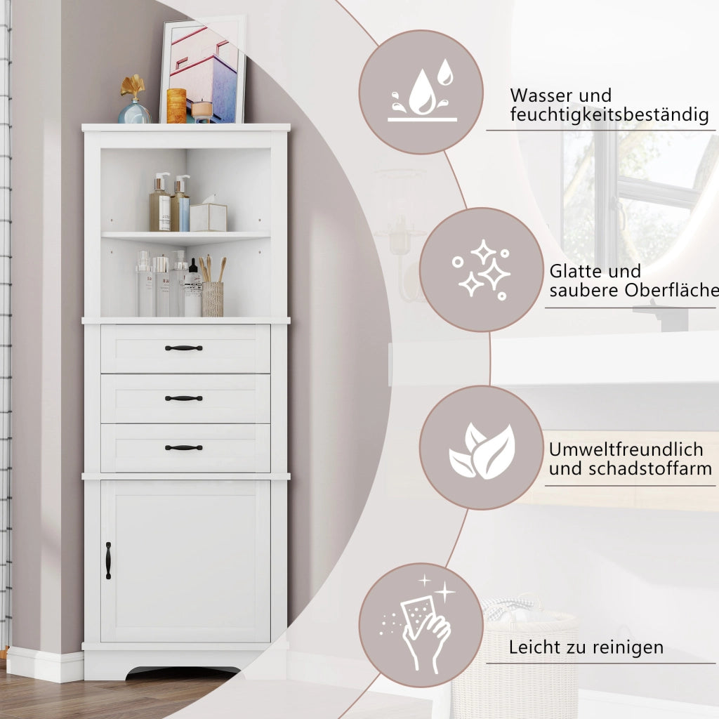 Mobile angolare per bagno con cassetti e ripiani regolabili