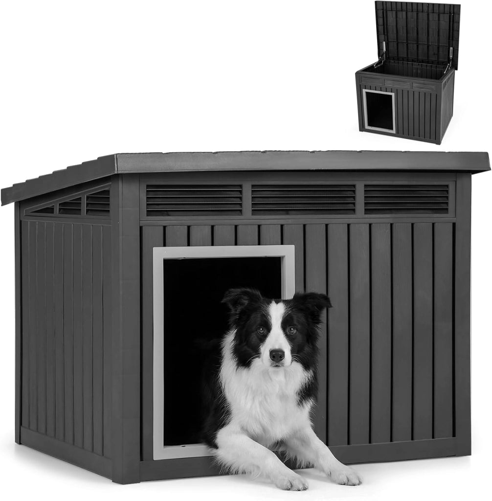 Cuccia per Cani, Cassetta per Animali Domestici in PP con Tetto Inclinato Apribile, Finestre Ventilate a Lamelle e Soglia Rialzata, Cuccia da Interna ed Esterna, 81 x 64 x 61 cm