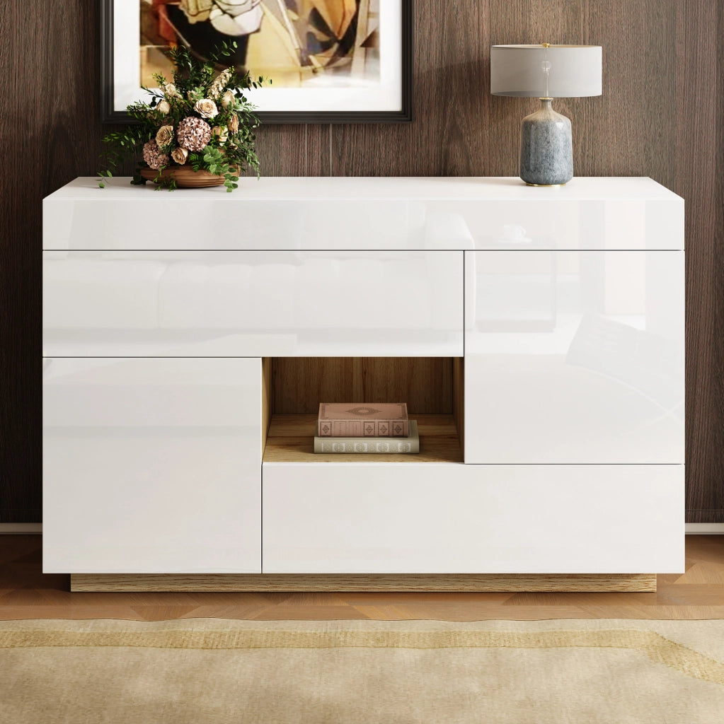 Credenza bicolore con 2 cassetti; 2 ante; vano aperto e LED app a 16 colori