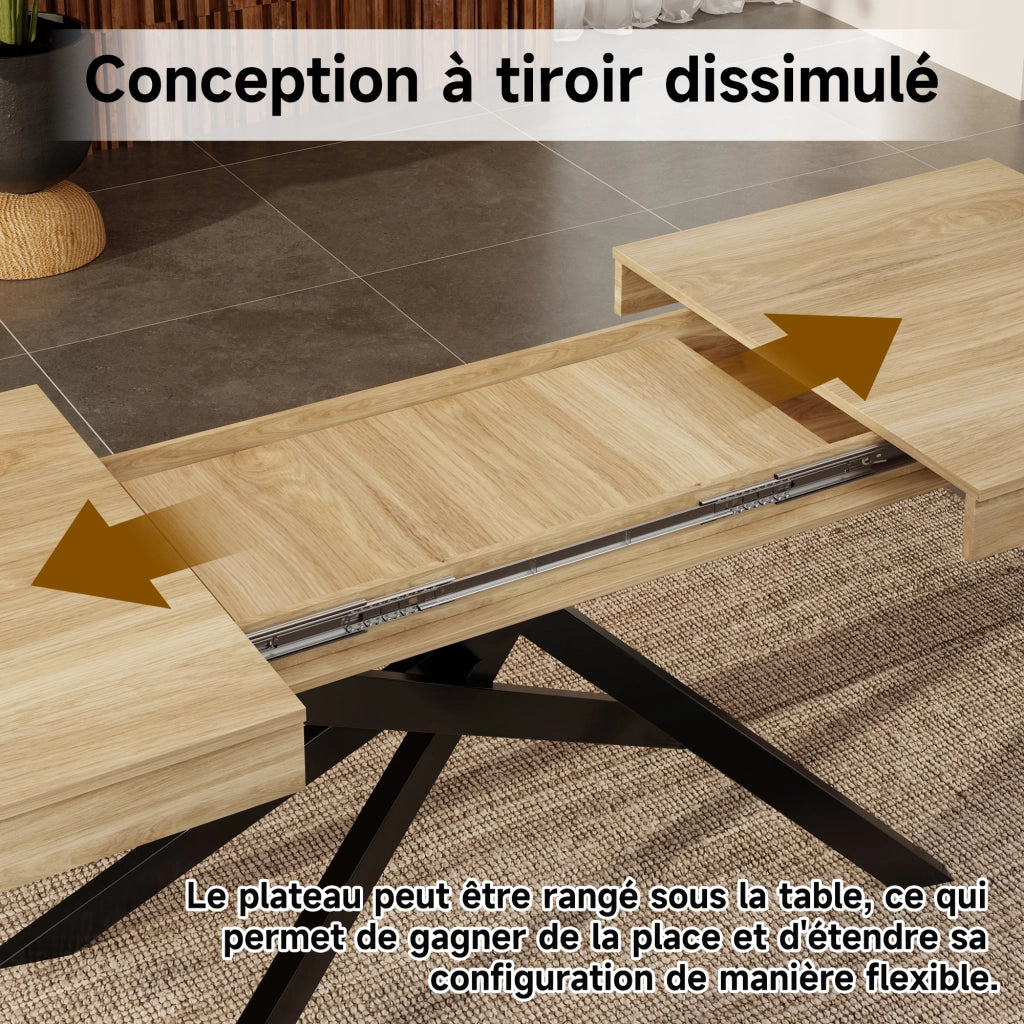 Tavolo da pranzo allungabile per 6-8 persone con piano spesso e gambe incrociate per cucina e soggiorno in MDF rovere