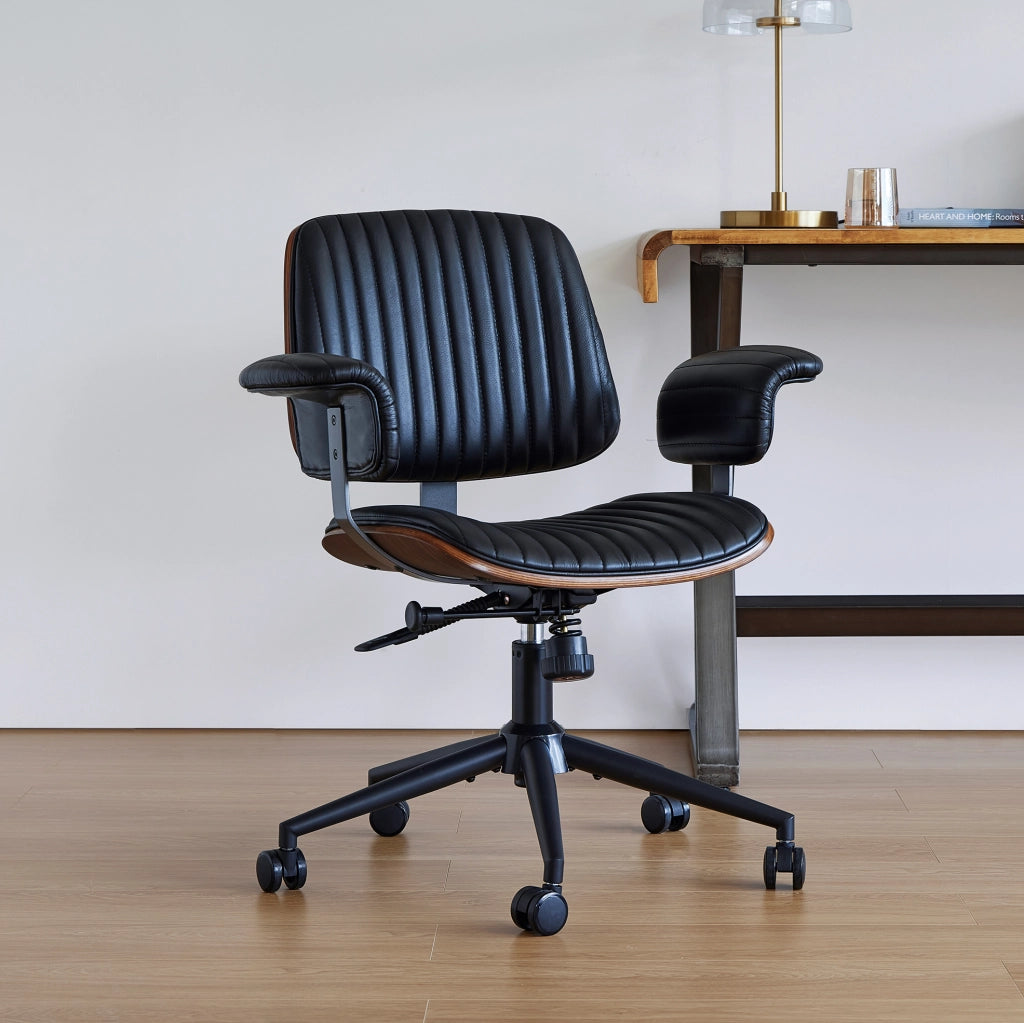 Sedia da Ufficio Girevole in Pelle con Braccioli in Quercia e Ruote, Altezza Regolabile, Design Ergonomico