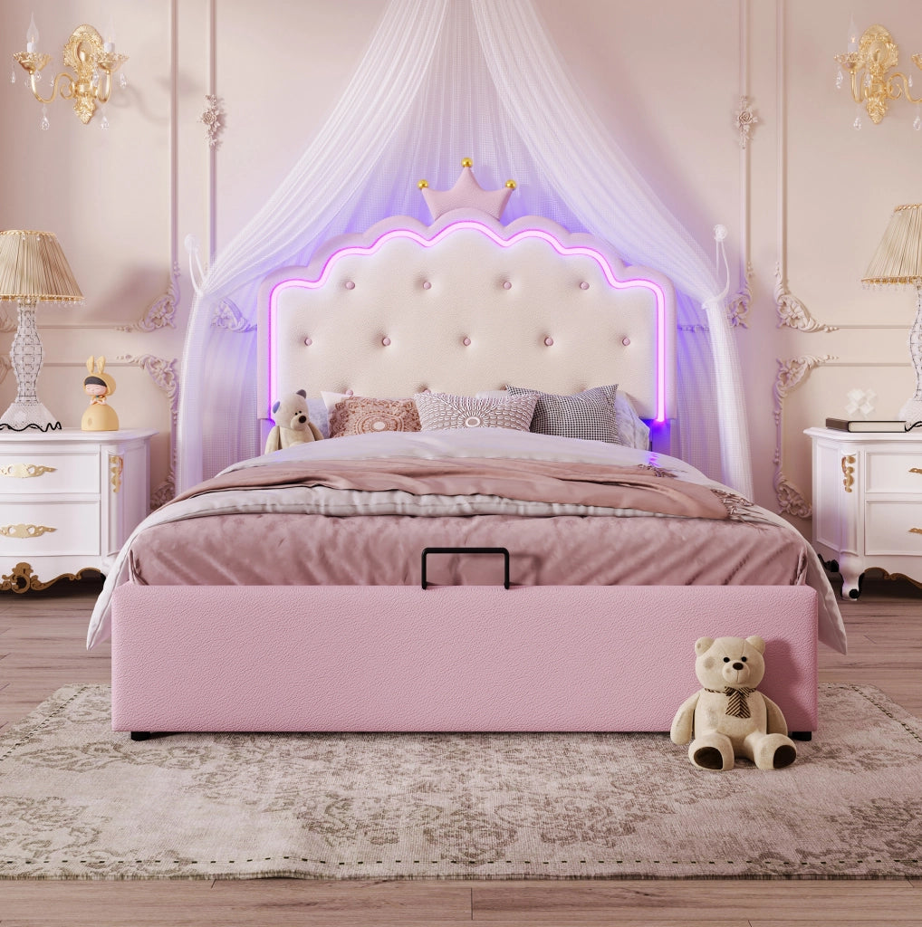 Letto imbottito 140x200 cm con luce LED e vano contenitore; PU rosa (Senza materasso)